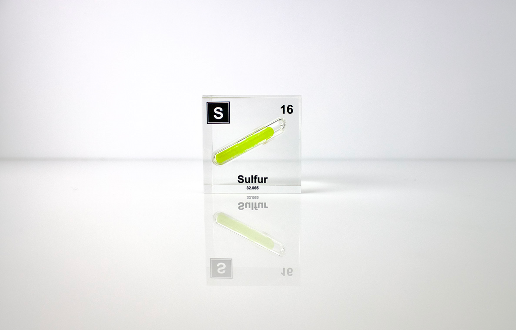 Sulfur Element Cube - 2" Acrylic Display - Atomic Number 16