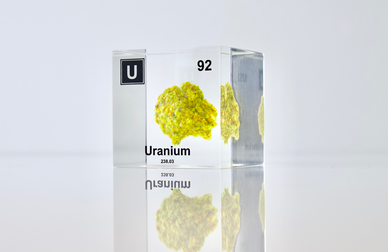 Uranium (Autenite) Element Cube - 2" Acrylic Display - Atomic Number 92