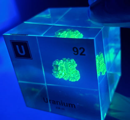 Uranium (Autenite) Element Cube - 2" Acrylic Display - Atomic Number 92