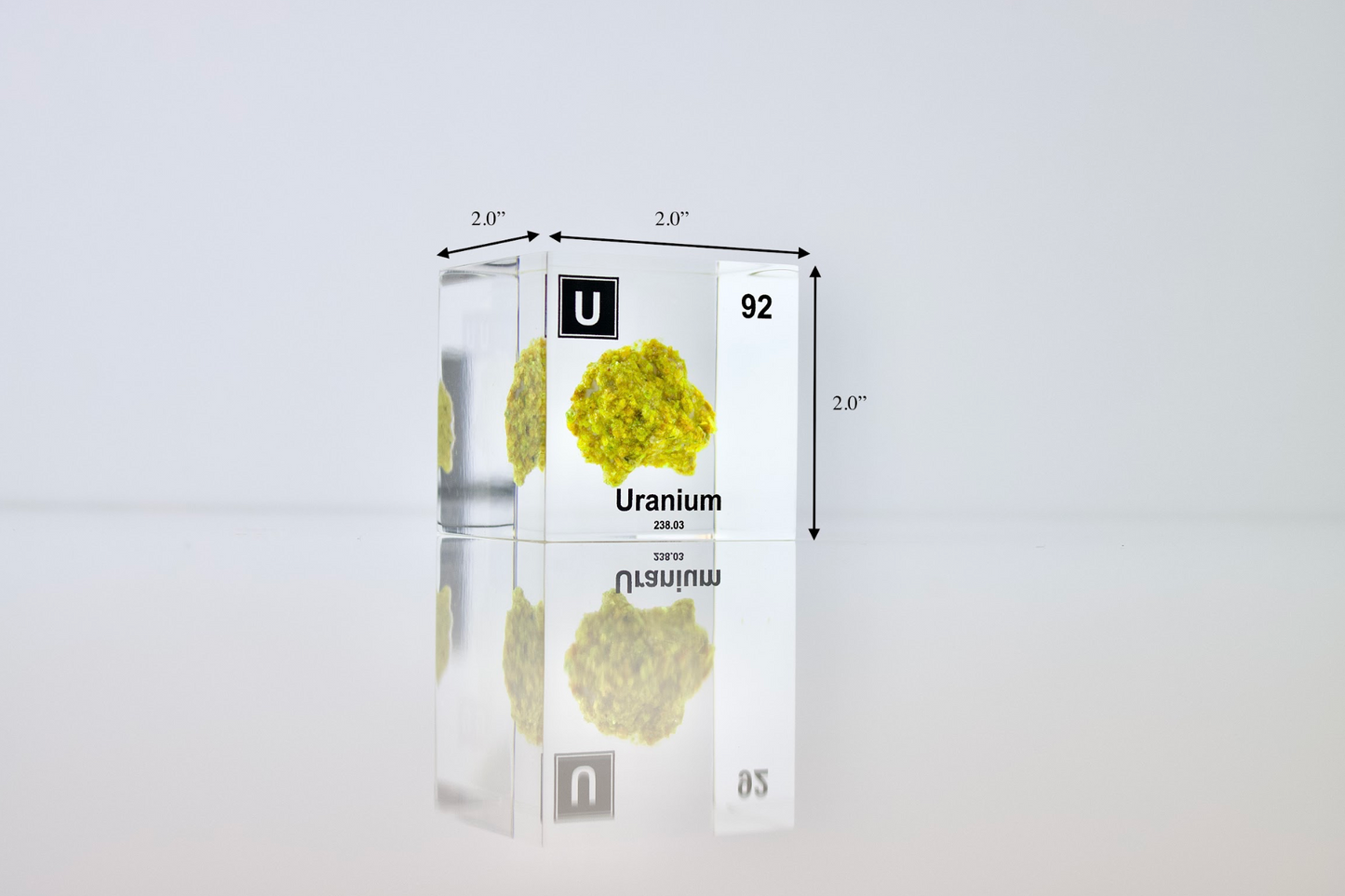 Uranium (Autenite) Element Cube - 2" Acrylic Display - Atomic Number 92