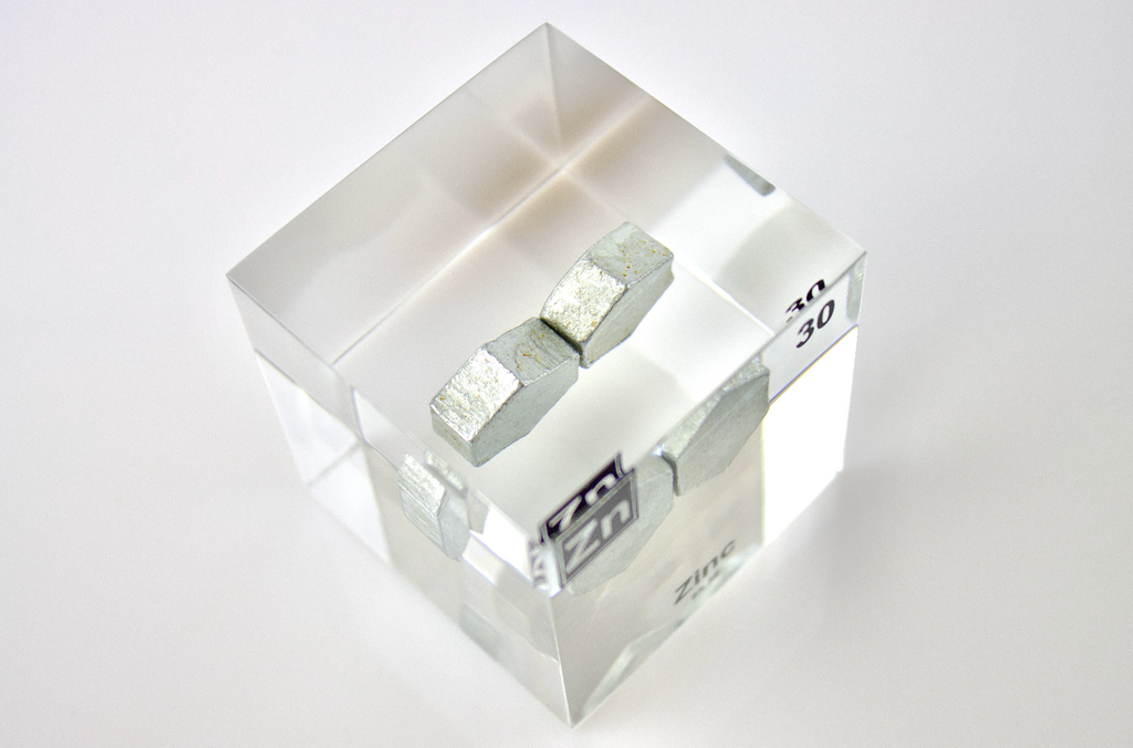 Zinc Element Cube - 2" Acrylic Display - Atomic Number 30