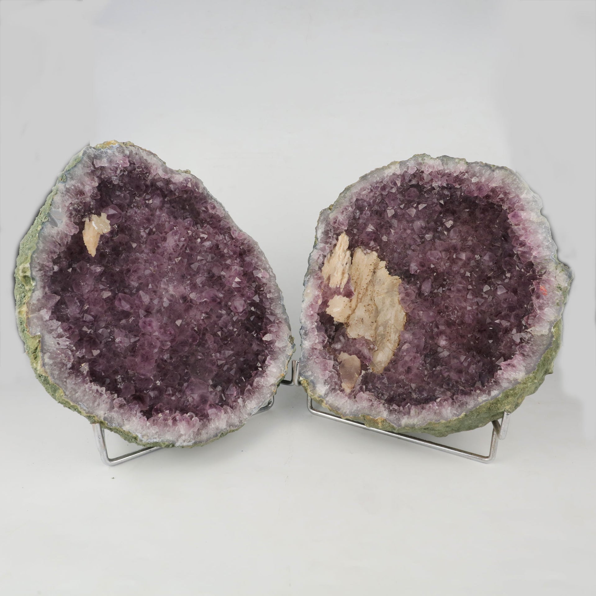 Amethyst Sparkling Crystals with Calcite Geode in two Halfs Natural Mineral Specimen # B 5801
