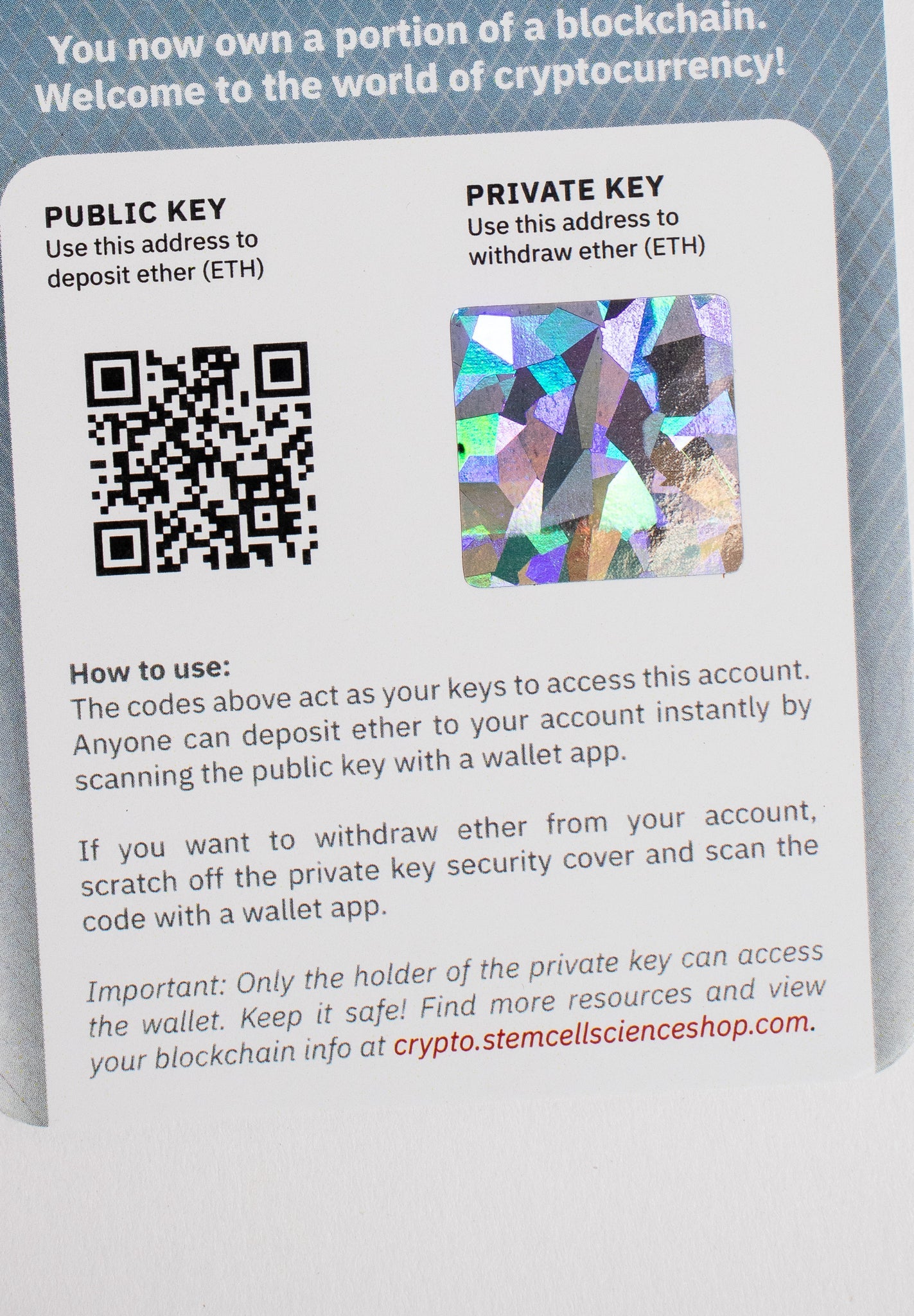 Ethereum Paper Wallet - Digital Collectible from Stemcell Science Shop