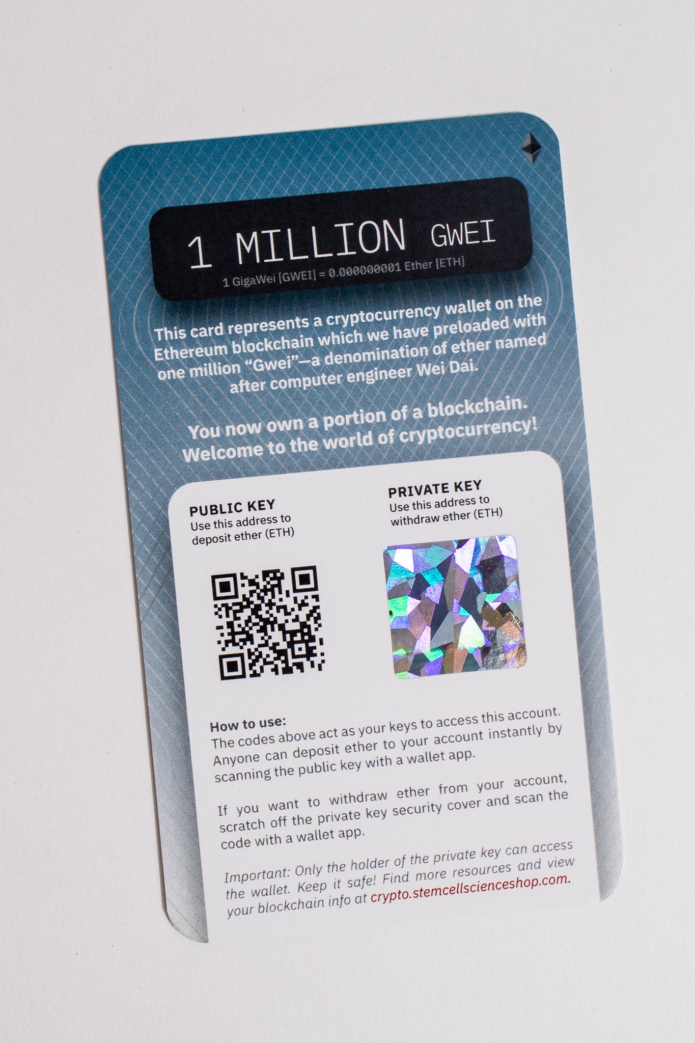 Ethereum Paper Wallet - Digital Collectible from Stemcell Science Shop