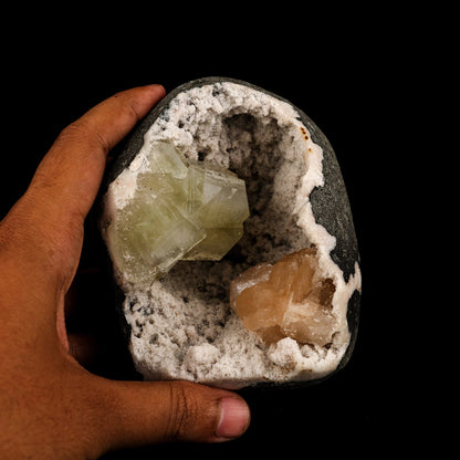 Green Apophyllite Cube with Stilbite geode Self Standing Natural Mineral Specimen # B 6263