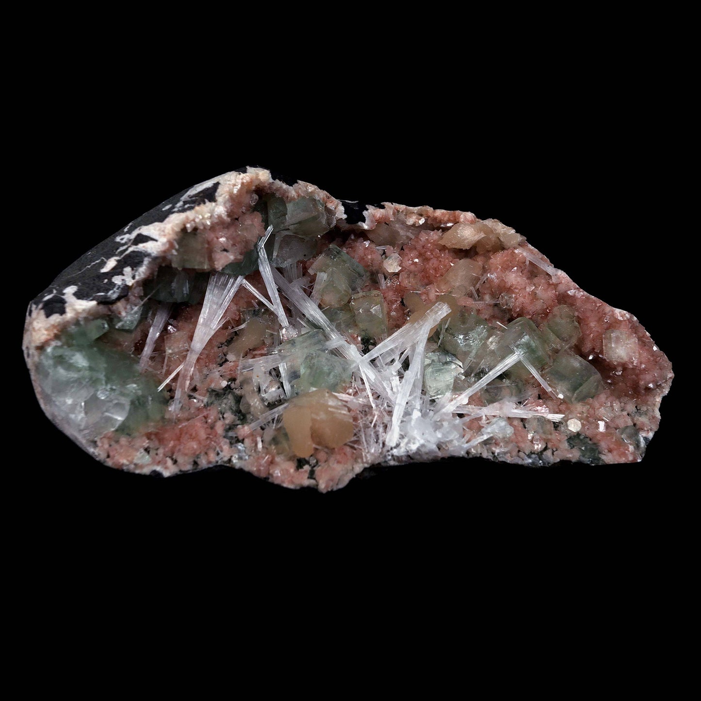 Green Apophyllite with Scolecite Sprays on Stilbite Natural Mineral Specimen  # B 4643