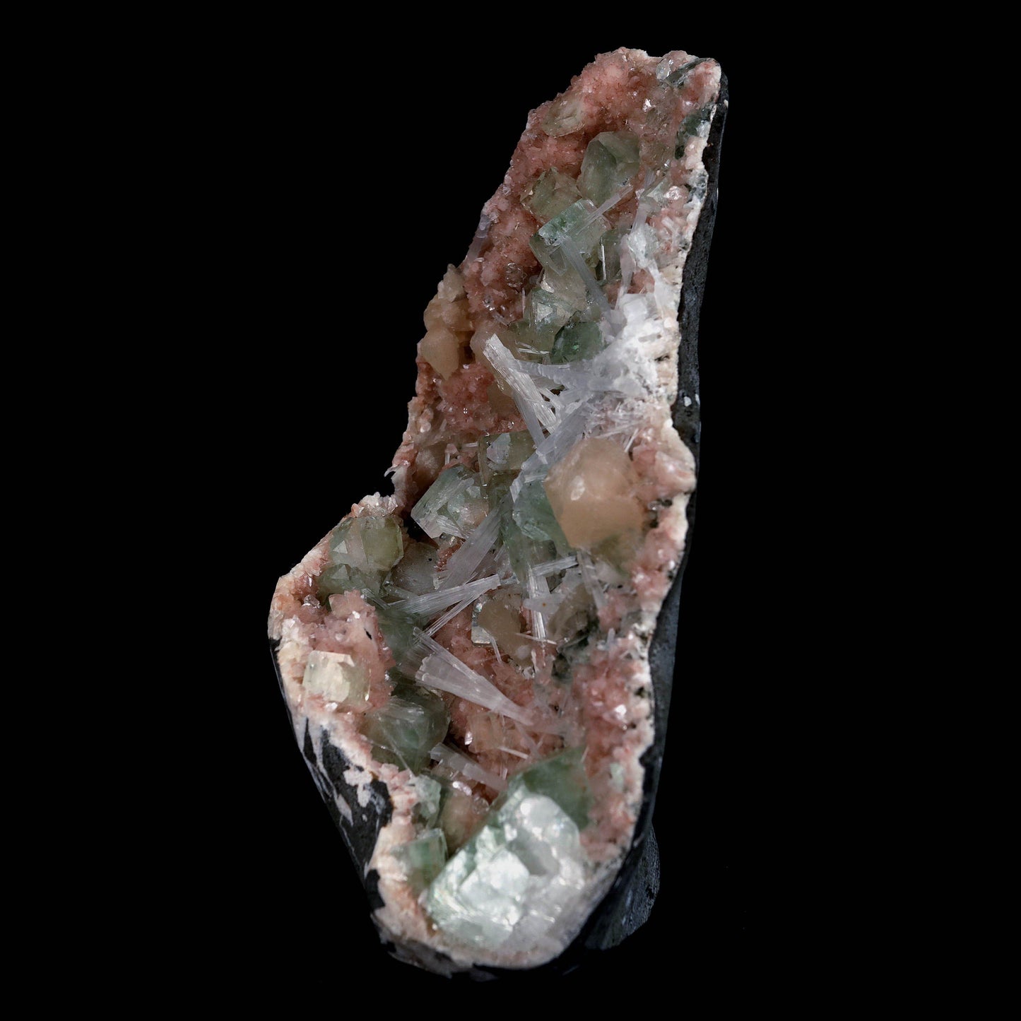 Green Apophyllite with Scolecite Sprays on Stilbite Natural Mineral Specimen  # B 4643