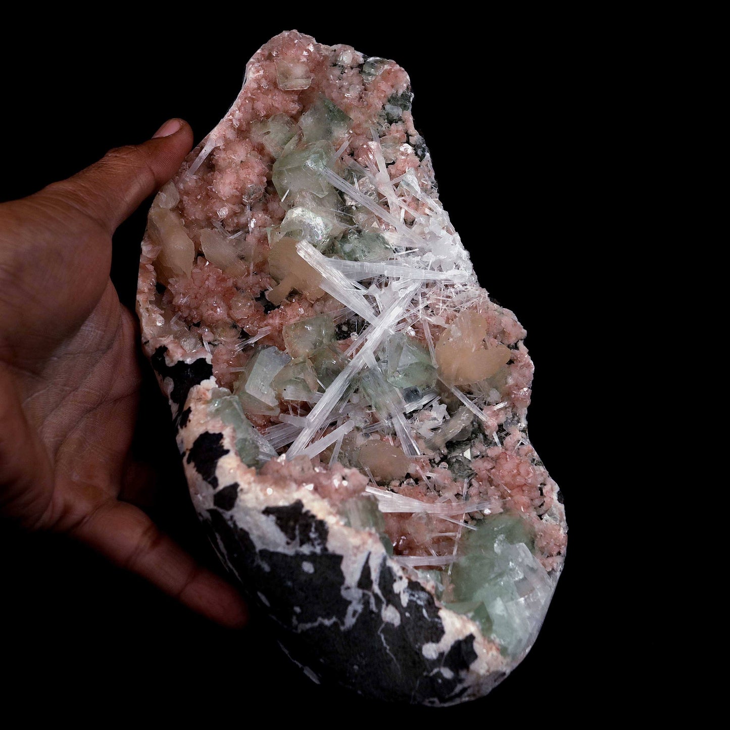 Green Apophyllite with Scolecite Sprays on Stilbite Natural Mineral Specimen  # B 4643