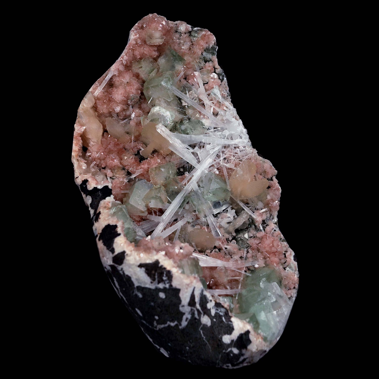 Green Apophyllite with Scolecite Sprays on Stilbite Natural Mineral Specimen  # B 4643