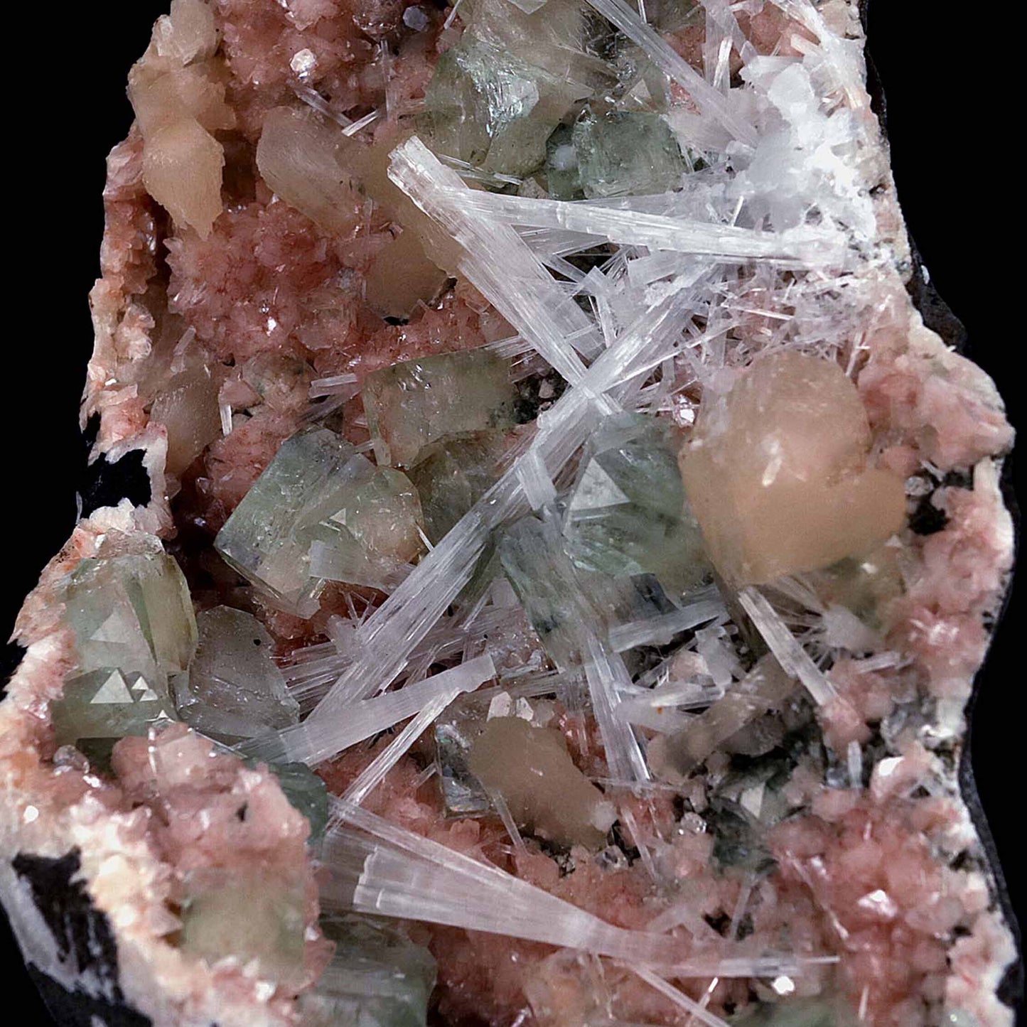 Green Apophyllite with Scolecite Sprays on Stilbite Natural Mineral Specimen  # B 4643