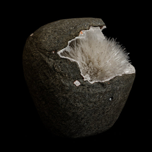 Mesolite Sphere Sprays Inside MM Quartz Geode Natural Mineral Specimen  # B 5063