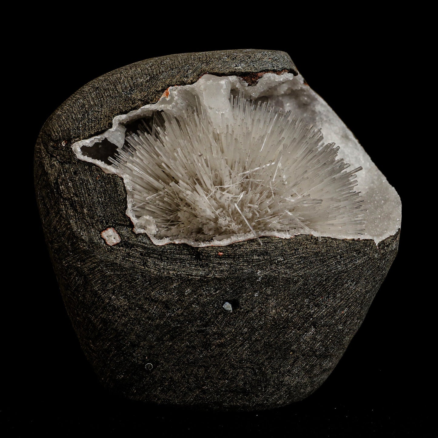 Mesolite Sphere Sprays Inside MM Quartz Geode Natural Mineral Specimen  # B 5063