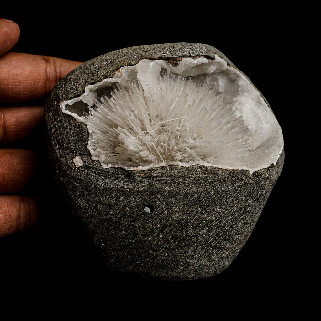 Mesolite Sphere Sprays Inside MM Quartz Geode Natural Mineral Specimen  # B 5063