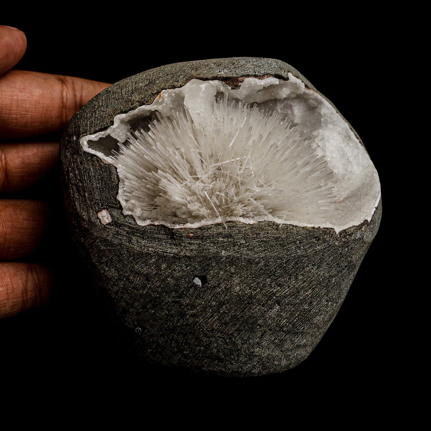 Mesolite Sphere Sprays Inside MM Quartz Geode Natural Mineral Specimen  # B 5063