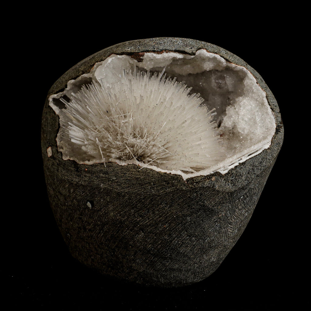 Mesolite Sphere Sprays Inside MM Quartz Geode Natural Mineral Specimen  # B 5063