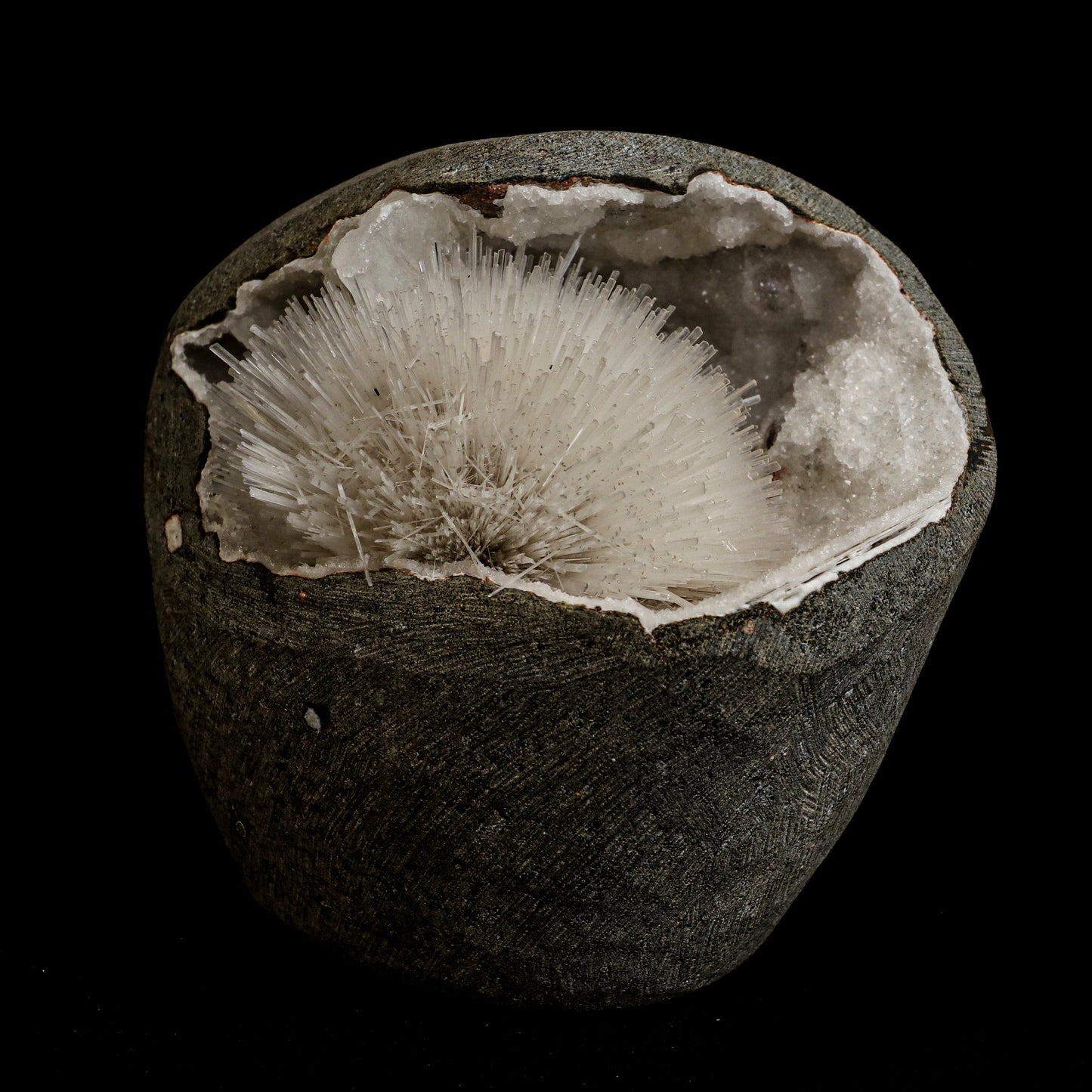 Mesolite Sphere Sprays Inside MM Quartz Geode Natural Mineral Specimen  # B 5063