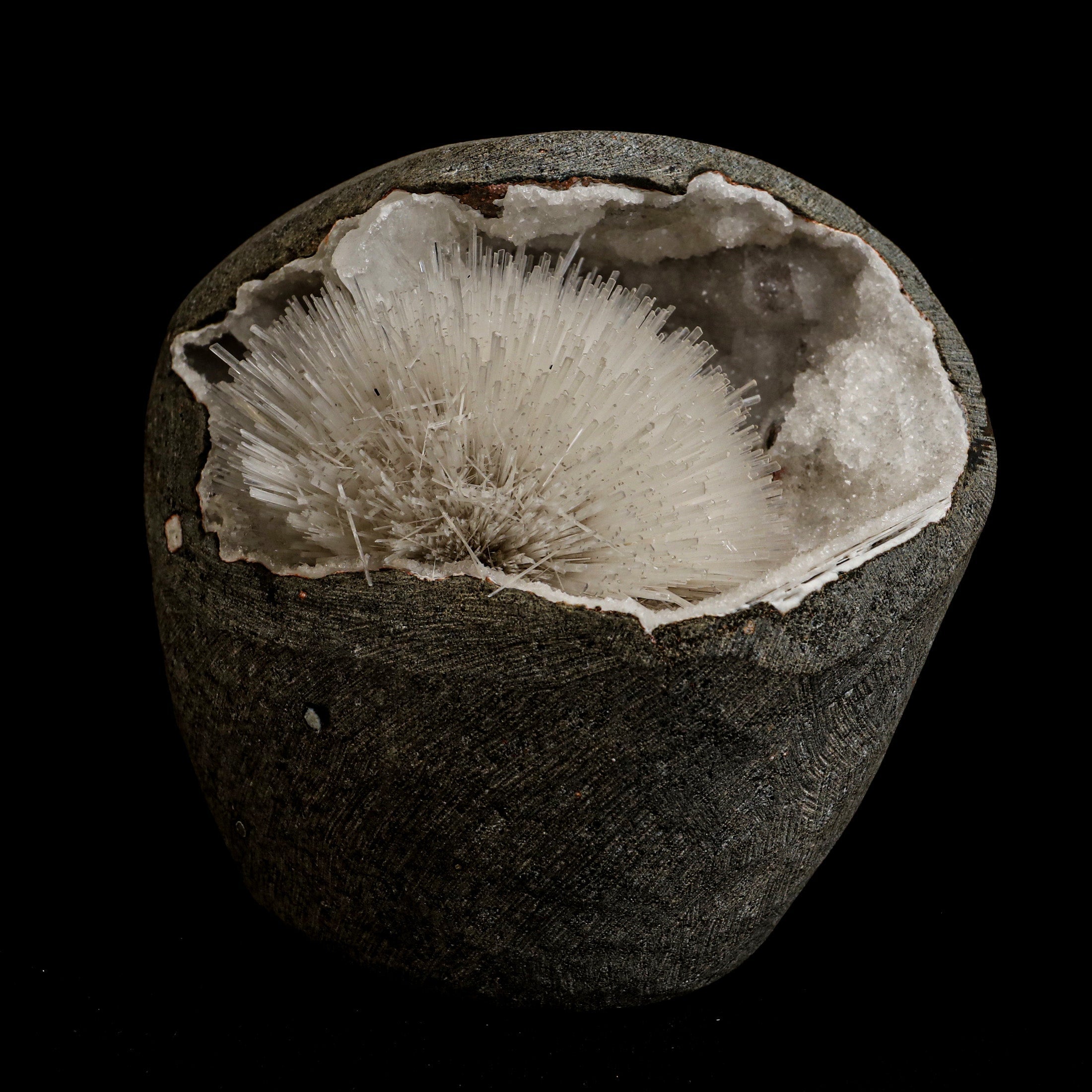 Mesolite Sphere Sprays Inside MM Quartz Geode Natural Mineral Specimen  # B 5063