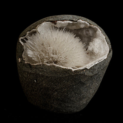Mesolite Sphere Sprays Inside MM Quartz Geode Natural Mineral Specimen  # B 5063