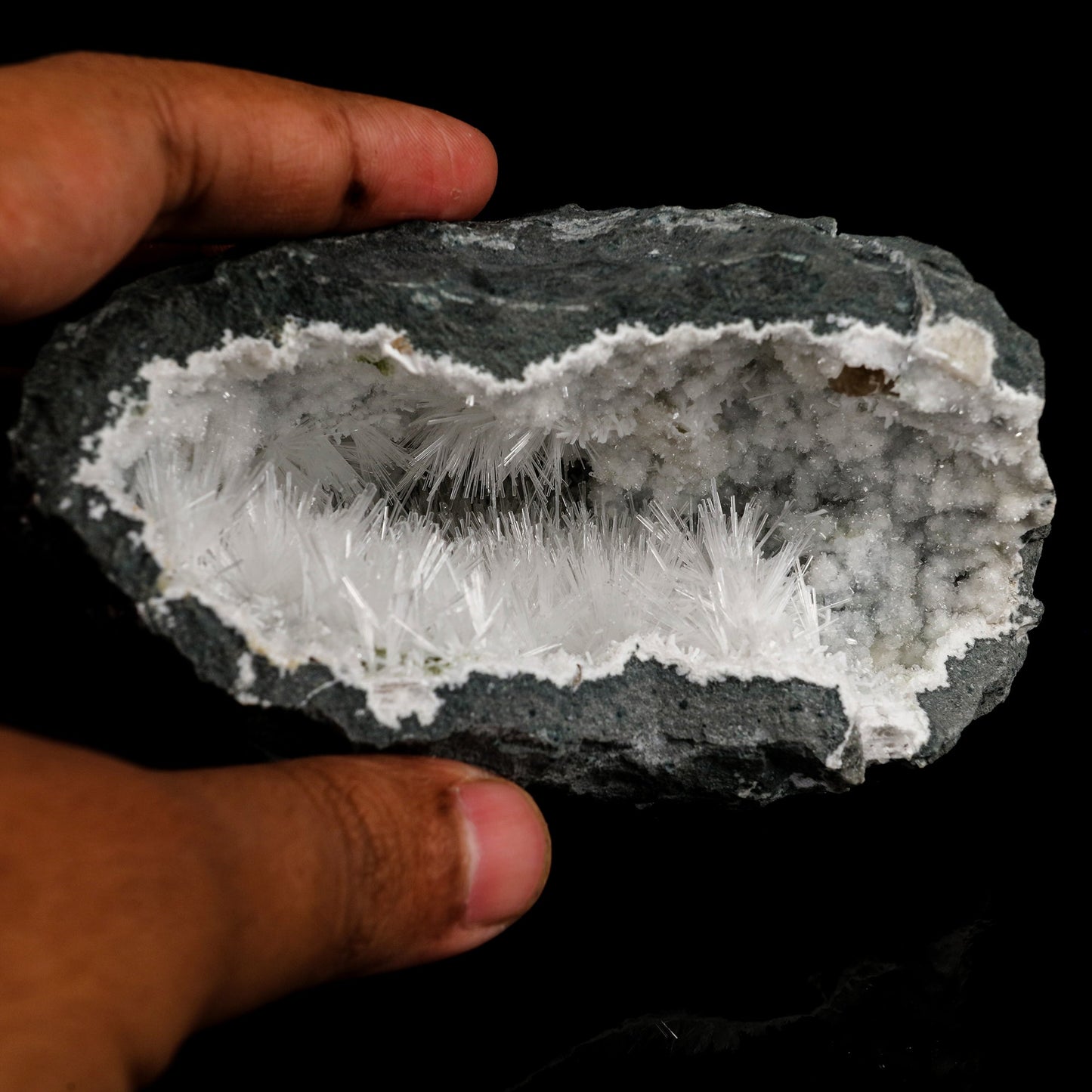 Natrolite Sprays Inside Chalcedony Geode Natural Mineral Specimen # B 5679