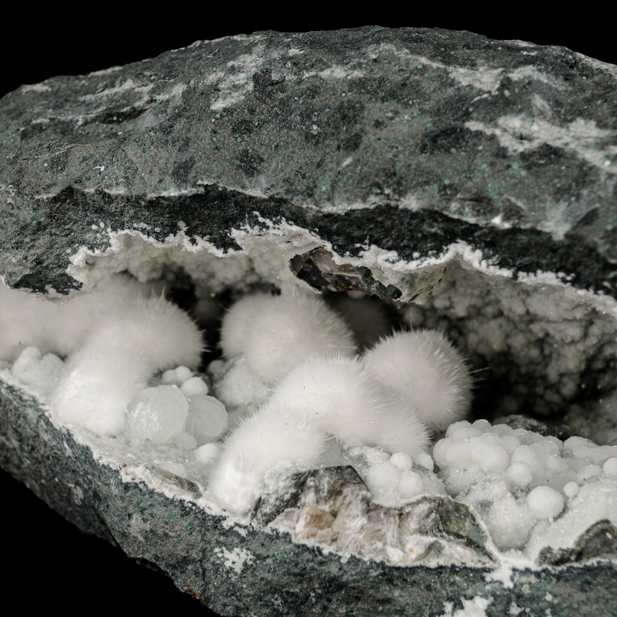 Okenite Big Puffballs with Gyrolite in Geode Natural Mineral Specimen # B 5867