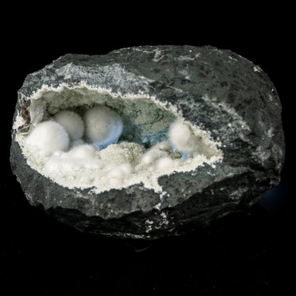 Okenite Big Puffballs Inside with Gyrolite inside Geode Natural Mineral Specimen # B 5872