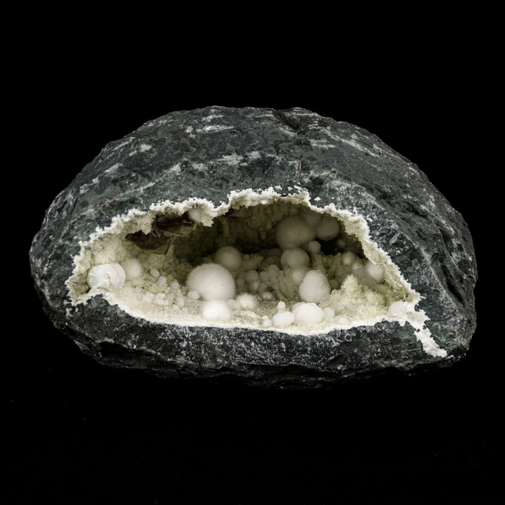 Okenite Big Puffballs with calcite & Gyrolite inside Geode Natural Mineral Specimen # B 5865