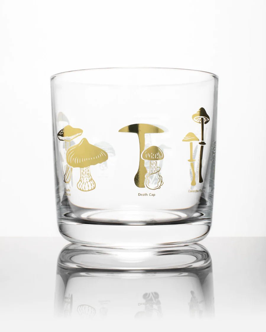 Poisonous Mushrooms Lowball Glass: Gold Drinkware Stemcell Science Shop