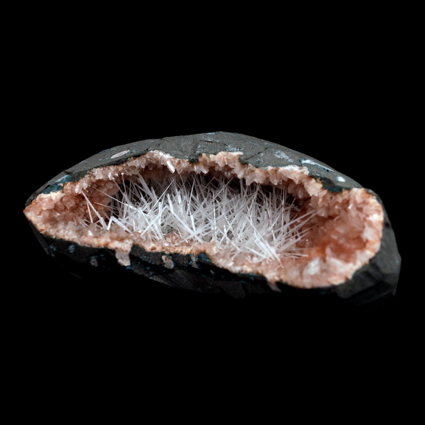 Scolecite Accular Sprays Inside Heulandite Geode Natural Mineral Specimen  # B 4901
