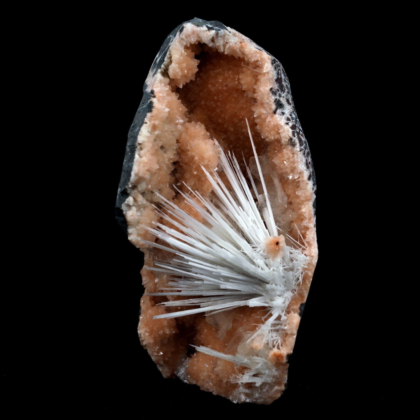 Scolecite Accular Sprays Inside Heulandite Geode Natural Mineral Specimen  # B 4902