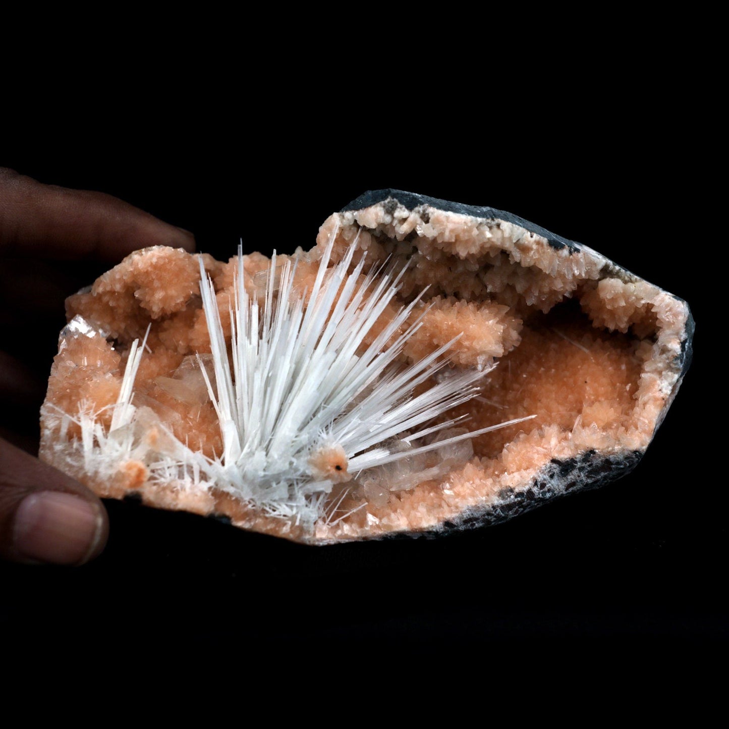 Scolecite Accular Sprays Inside Heulandite Geode Natural Mineral Specimen  # B 4902