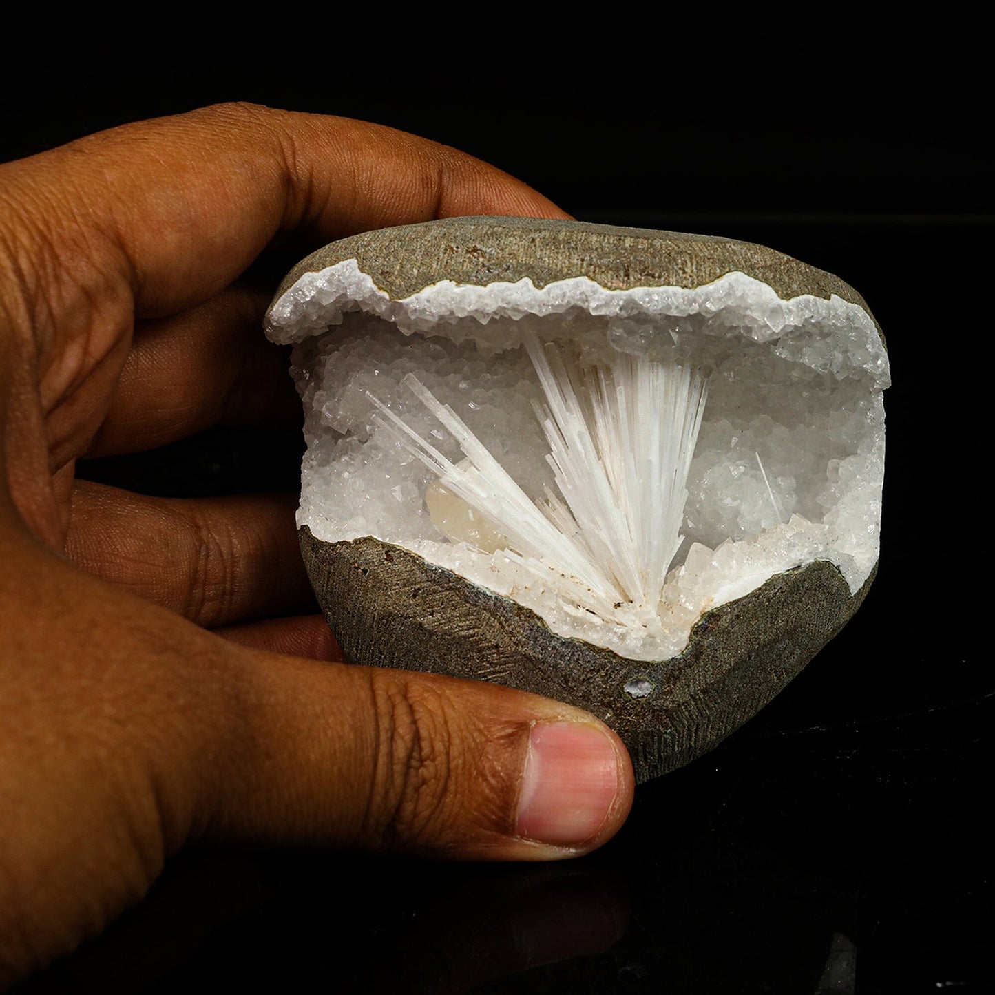 Scolecite in MM Quartz Geode Natural Mineral Specimen # B 6768