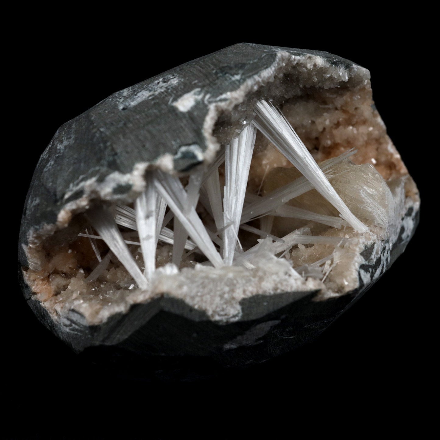 Scolecite Intergrown Sprays Inside Heulandite Geode Natural Mineral Specimen  # B 4791
