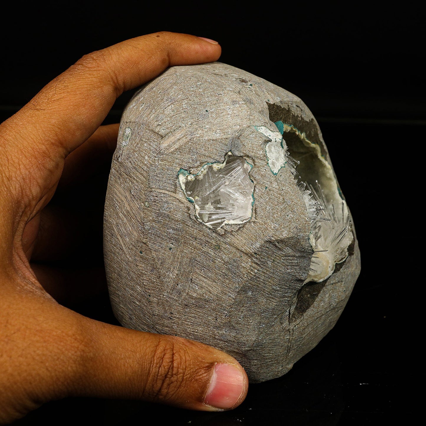 Scolecite Spray Inside Chalcedony Geode free standing Natural Mineral Specimen # B 6775