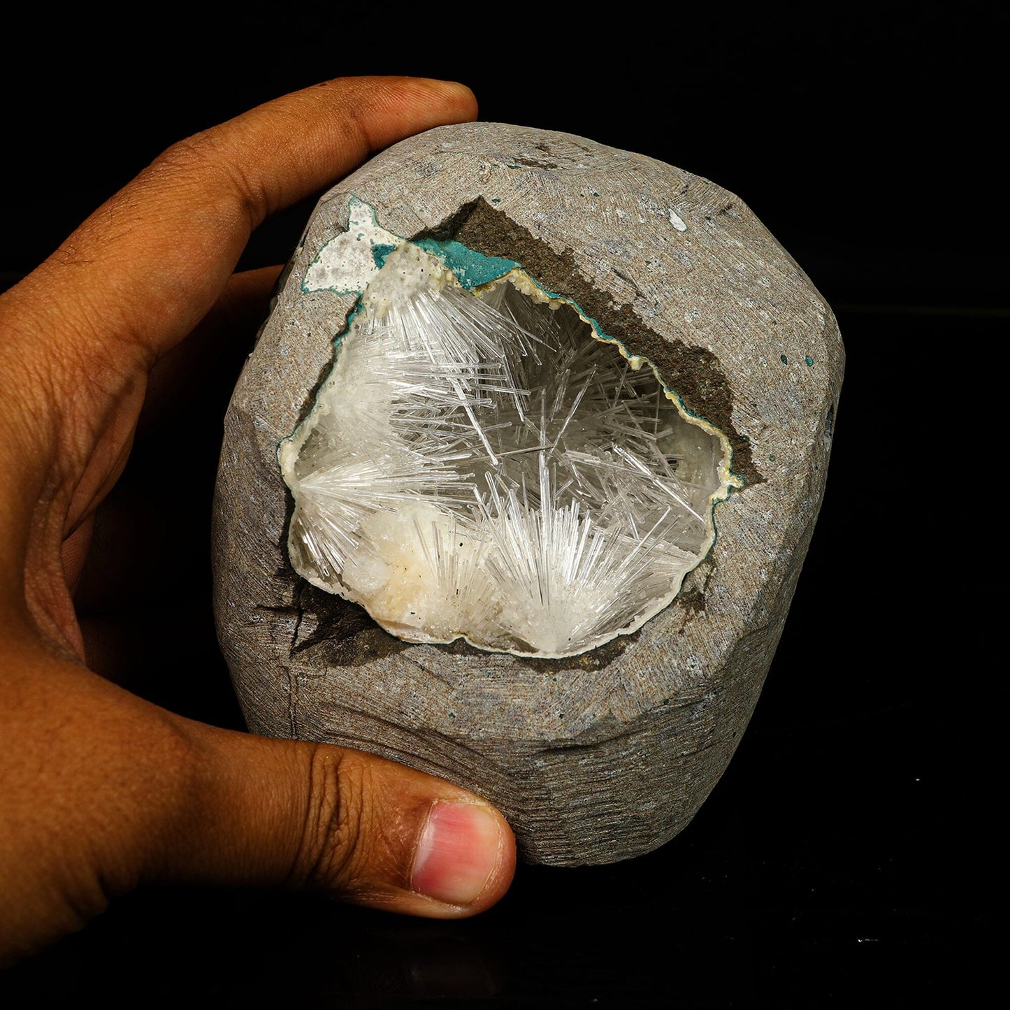 Scolecite Spray Inside Chalcedony Geode free standing Natural Mineral Specimen # B 6775