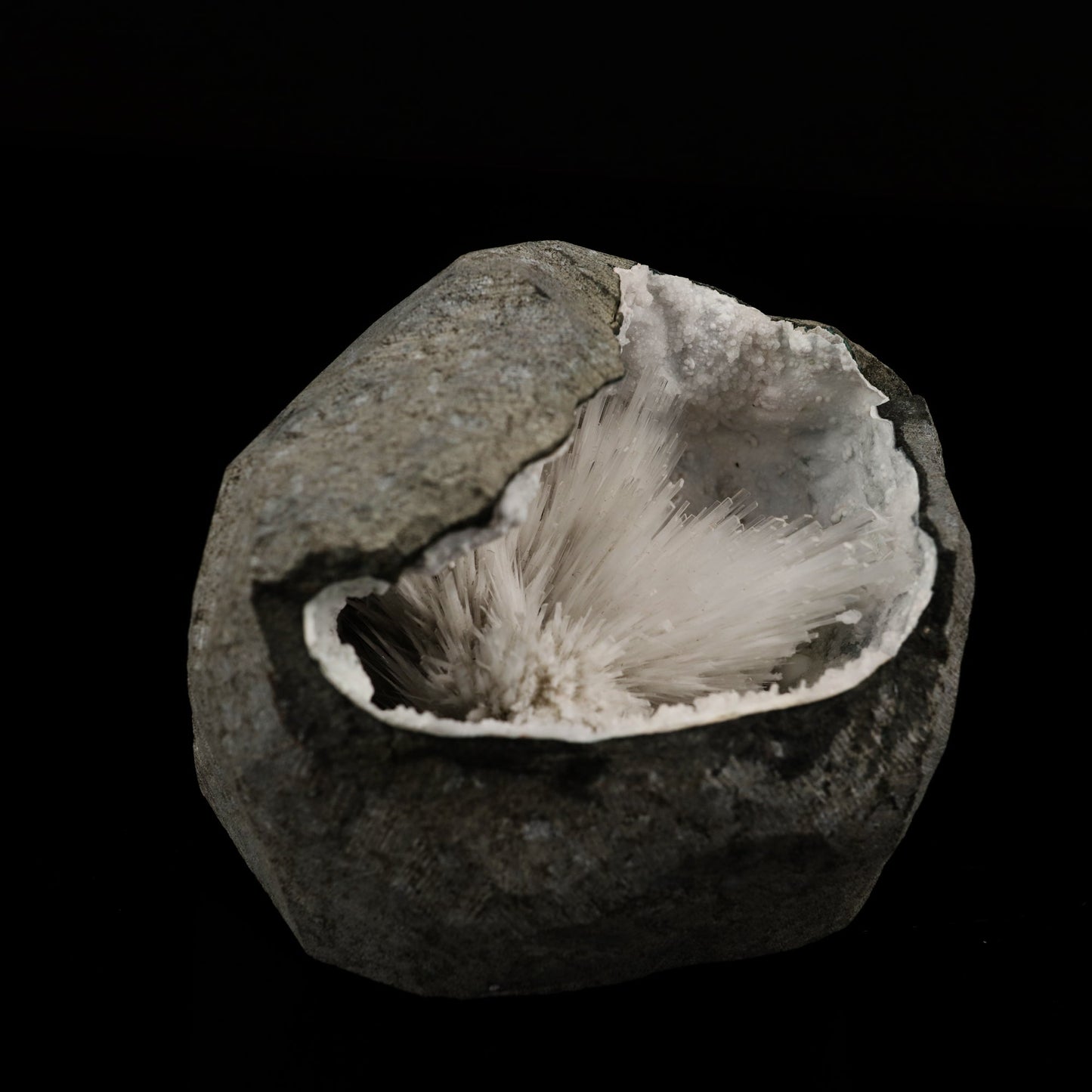 Scolecite Spray Inside Chalcedony Geode Natural Mineral Specimen # B 5636