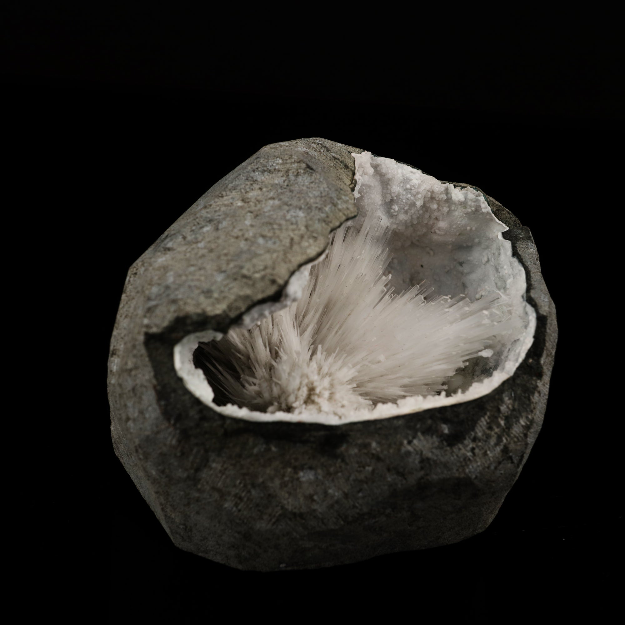 Scolecite Spray Inside Chalcedony Geode Natural Mineral Specimen # B 5636
