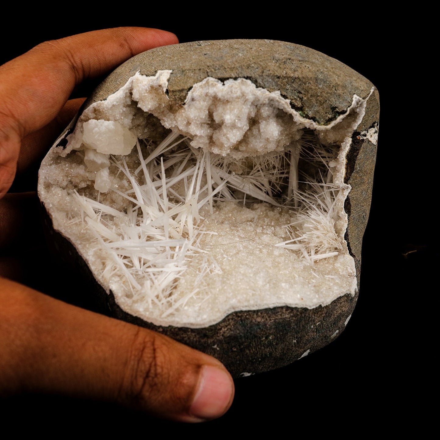 Scolecite Spray Inside Chalcedony Geode Natural Mineral Specimen # B 6142