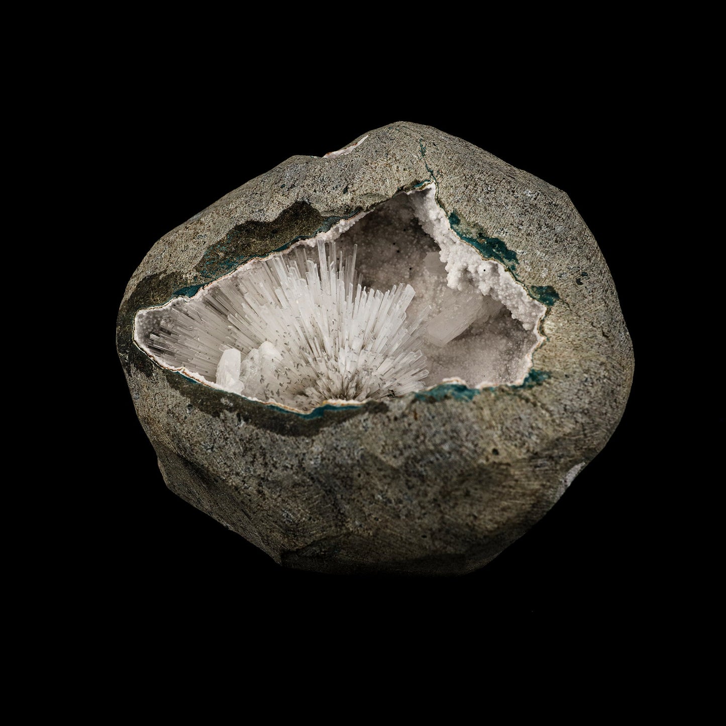 Scolecite Spray Inside Chalcedony Geode Natural Mineral Specimen # B 6165