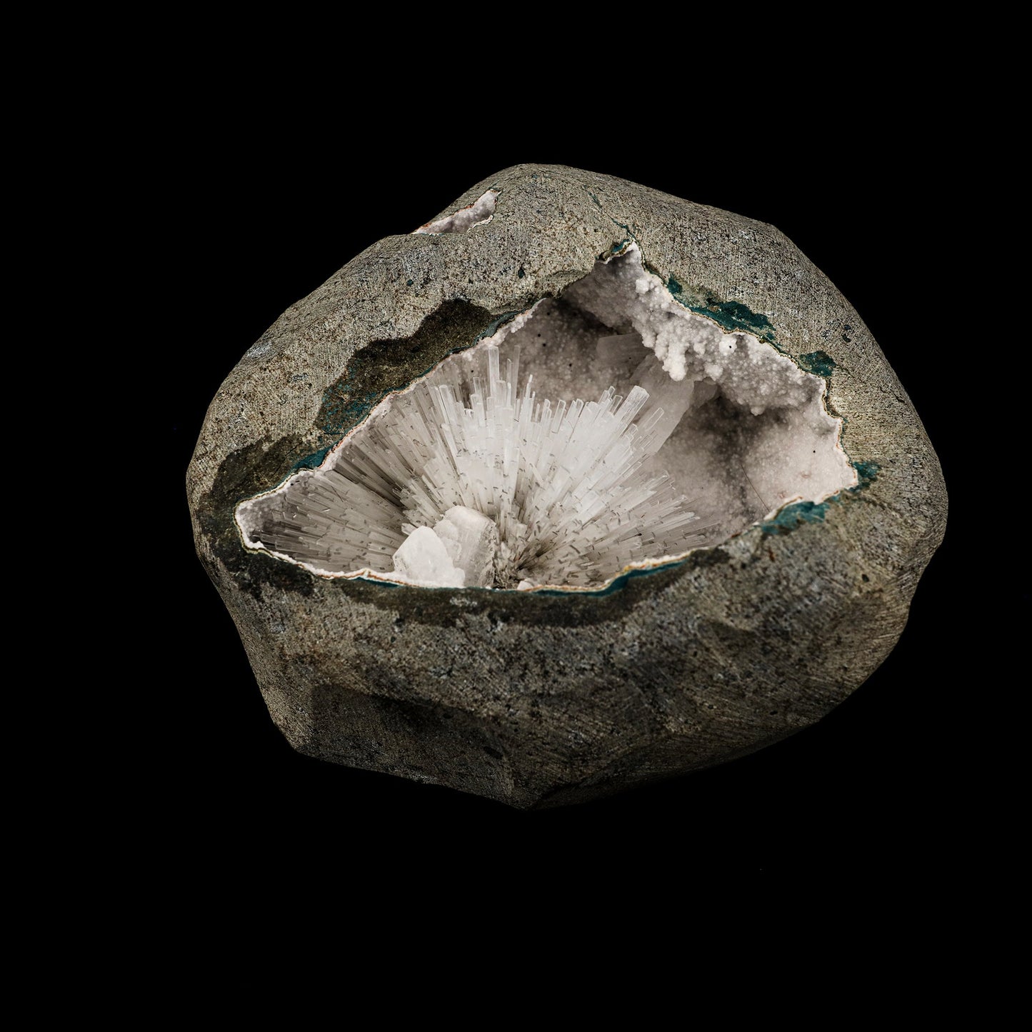Scolecite Spray Inside Chalcedony Geode Natural Mineral Specimen # B 6165