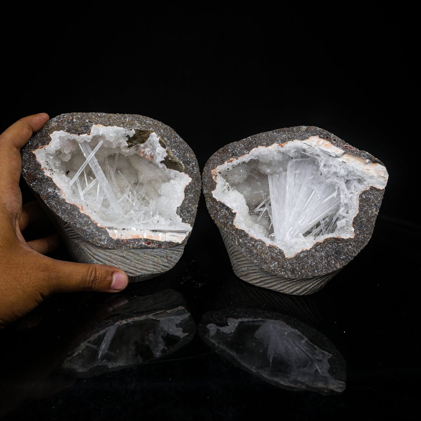 Scolecite Spray Inside Complete Geode Natural Mineral Specimen # B 7029