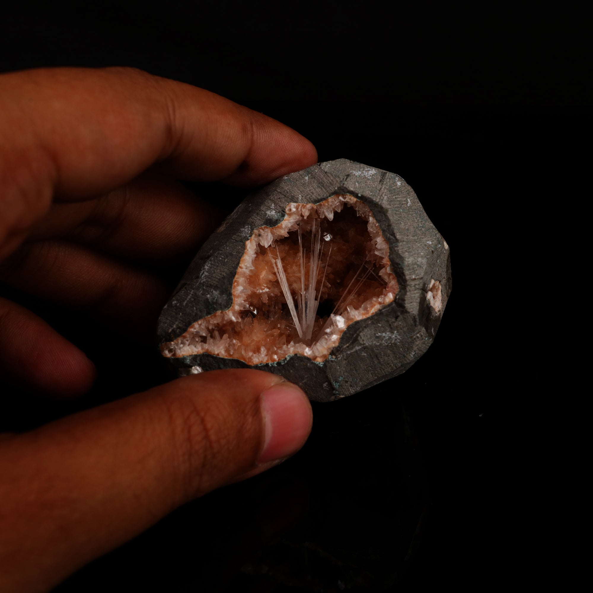 Scolecite Spray inside Heulandite geode Natural Mineral Specimen # B 5499