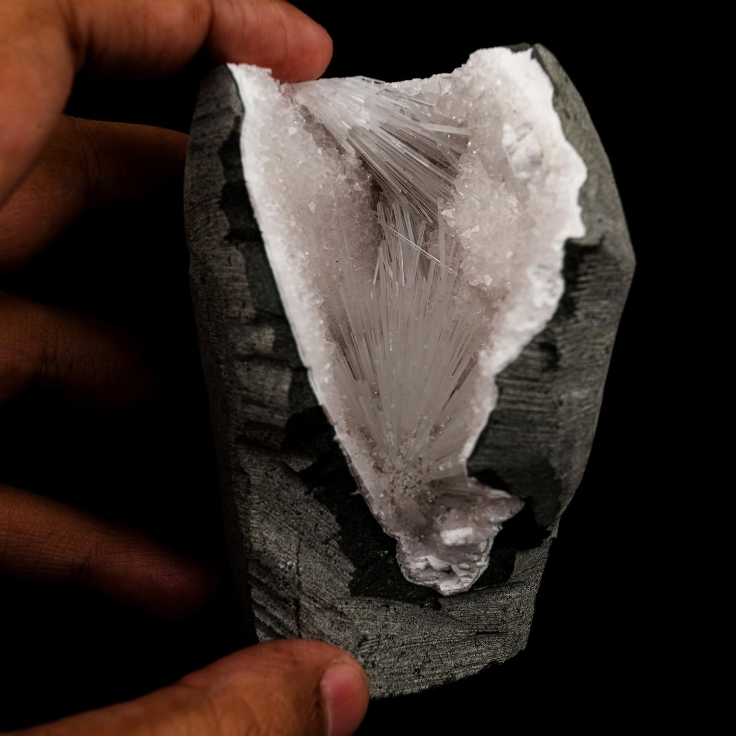 Scolecite Spray Inside MM Quartz Geode Natural Mineral Specimen # B 5655