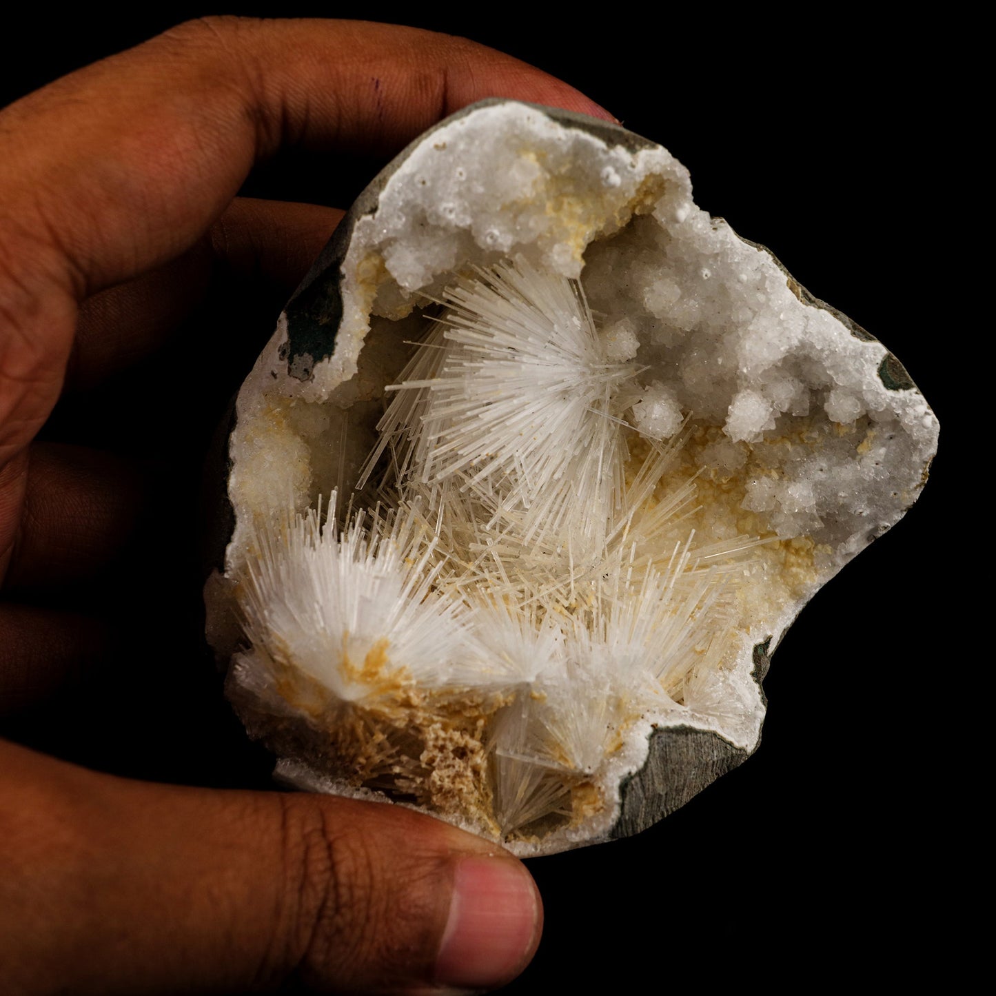 Scolecite Spray Inside MM Quartz Geode Natural Mineral Specimen # B 6075