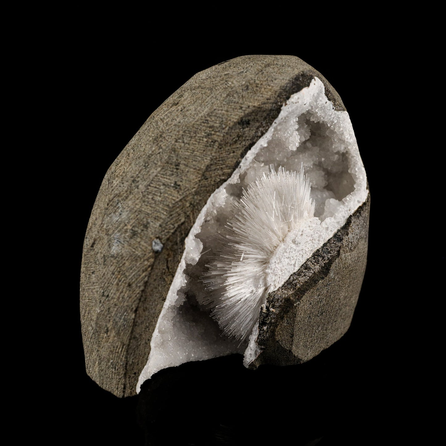 Scolecite Spray Inside MM Quartz Geode Natural Mineral Specimen # B 6087