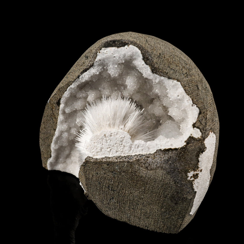 Scolecite Spray Inside MM Quartz Geode Natural Mineral Specimen # B 6087