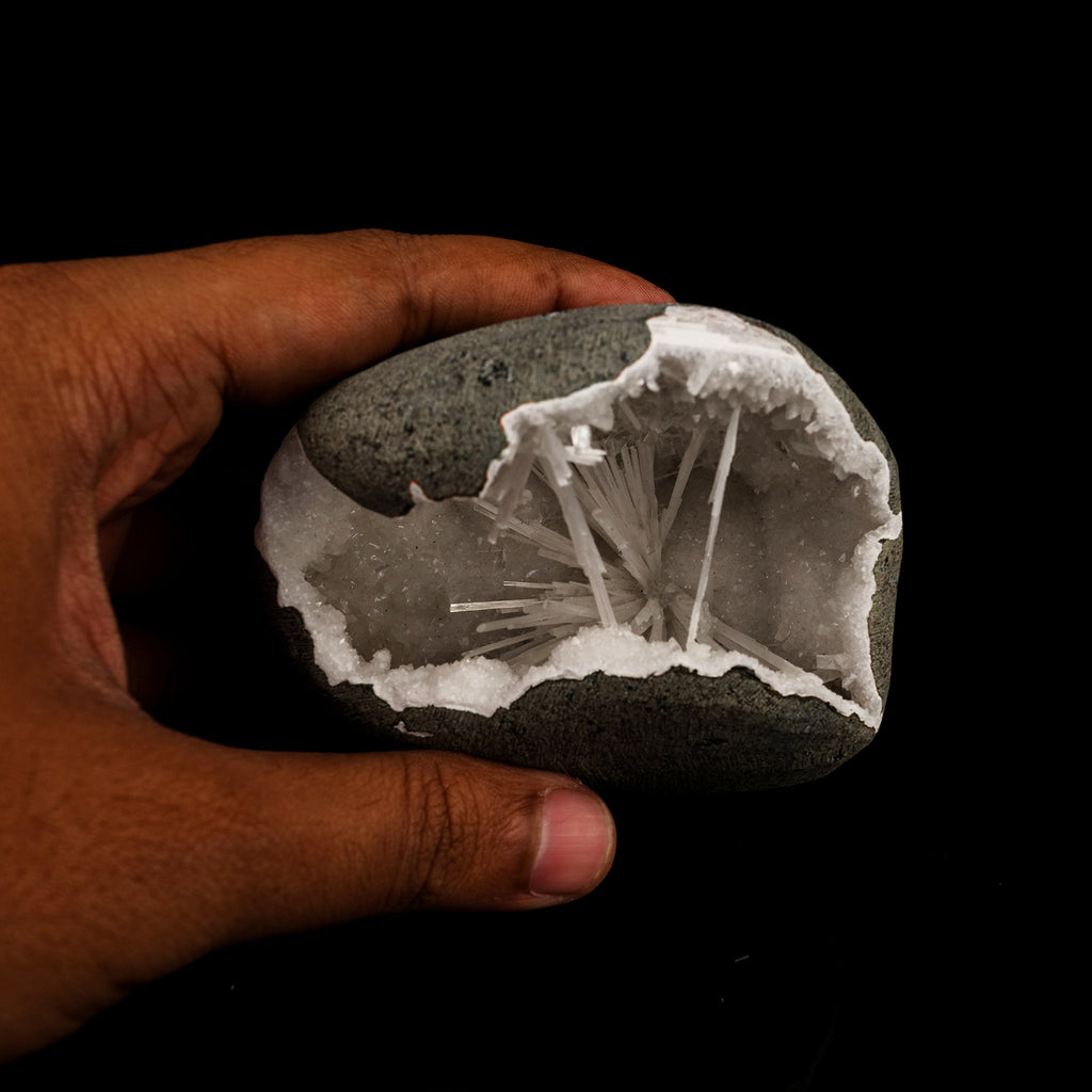 Scolecite Spray Inside MM Quartz Geode Natural Mineral Specimen # B 6311