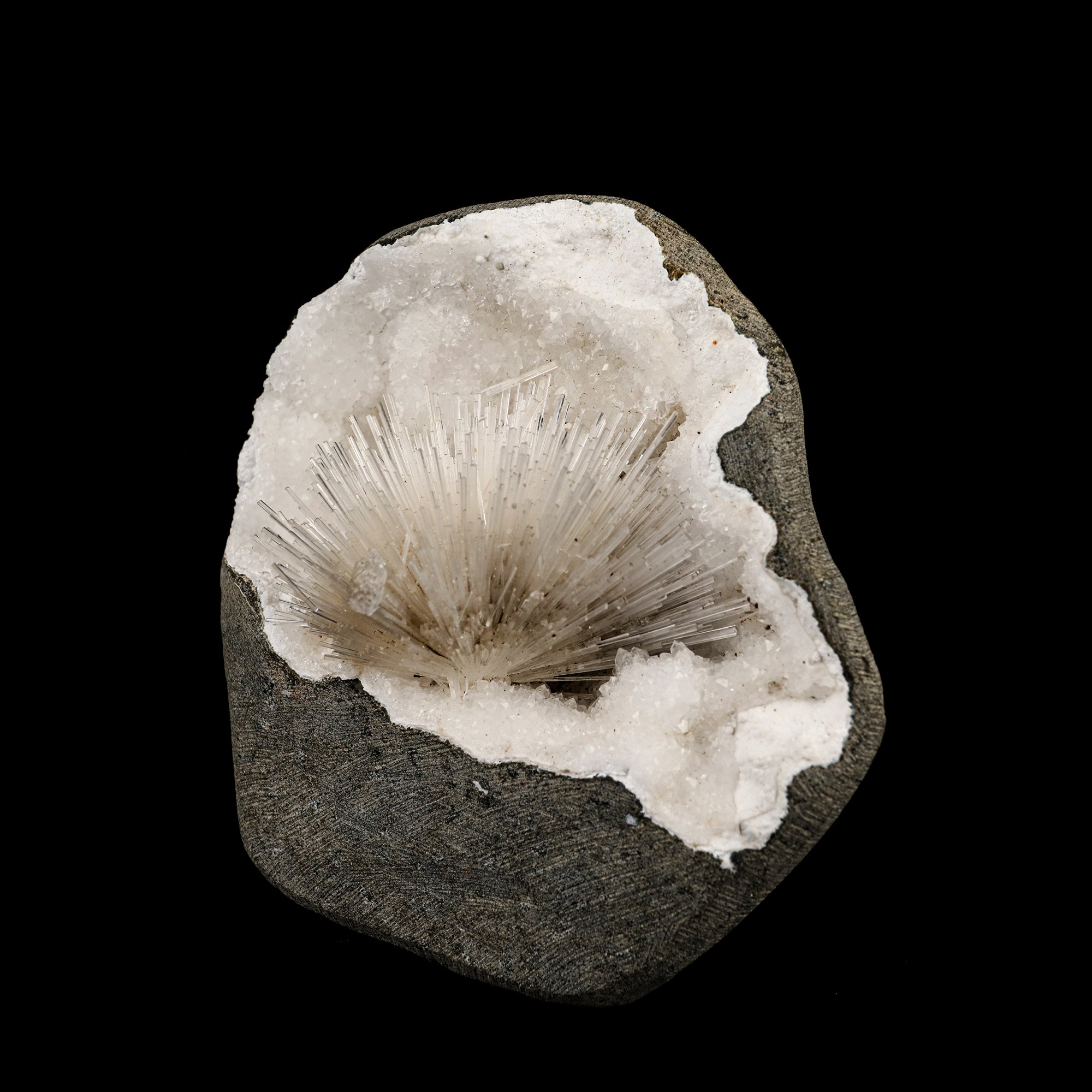 Scolecite Spray Inside MM Quartz Geode Natural Mineral Specimen # B 6330