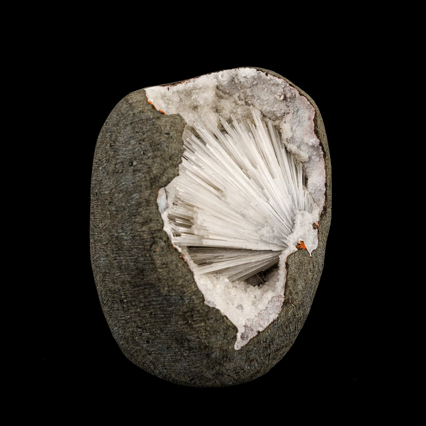 Scolecite Spray Inside MM Quartz Geode Natural Mineral Specimen # B 6335