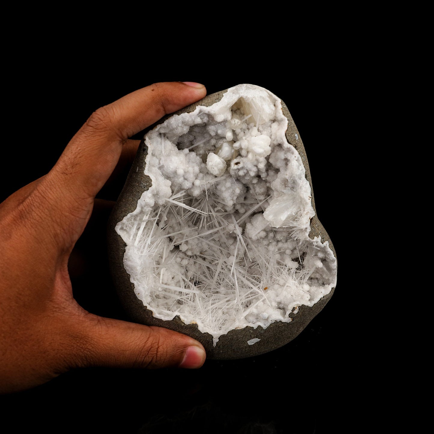 Scolecite Spray Inside MM Quartz Geode Natural Mineral Specimen # B 6361