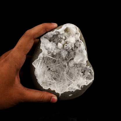 Scolecite Spray Inside MM Quartz Geode Natural Mineral Specimen # B 6361
